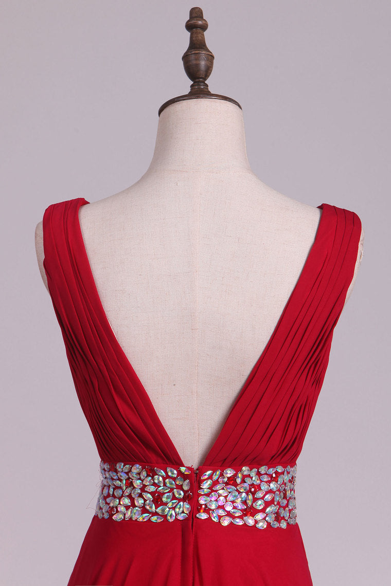 2022 A Line V Neck Pleated Bodice Chiffon Prom Dresses With Beading Court Train