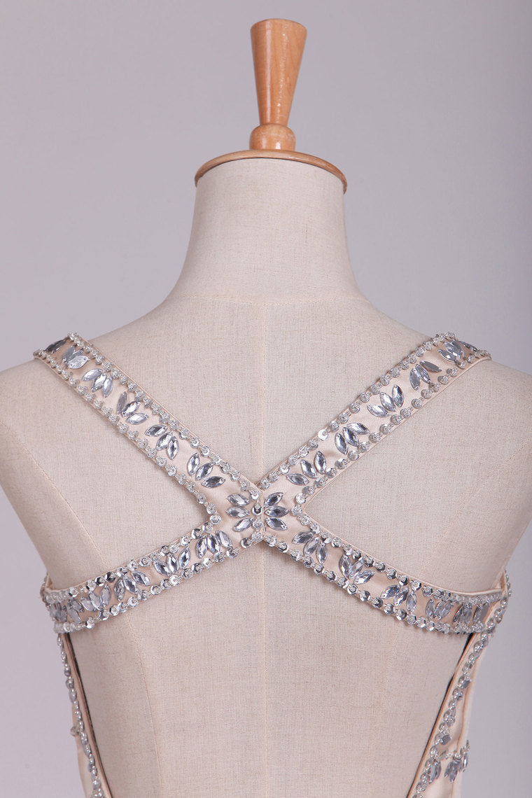 2022  Prom Dresses Spaghetti Straps Open Back Tulle With Beading Floor Length