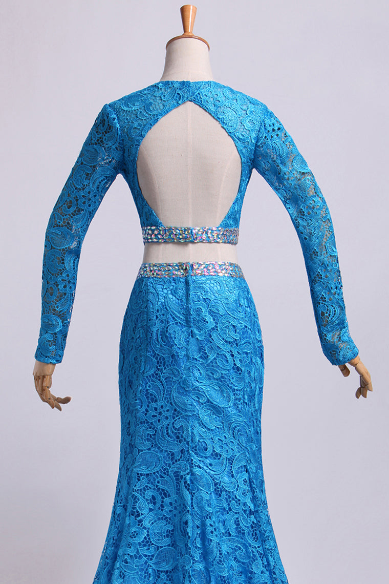 2022 Two Pieces Prom Dresses Long Sleeves Scoop Trumpet Court Train Lace