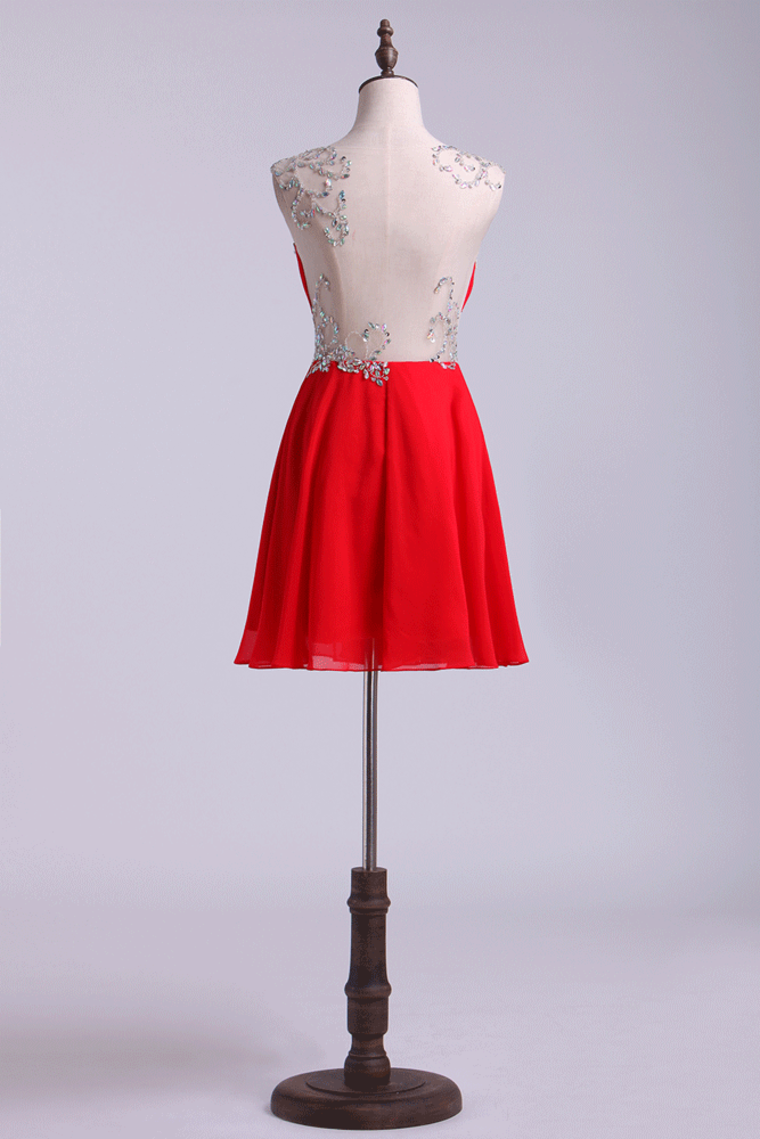 2022 Bateau A Line Homecoming Dresses Short Chiffon With Beads&Ruffles