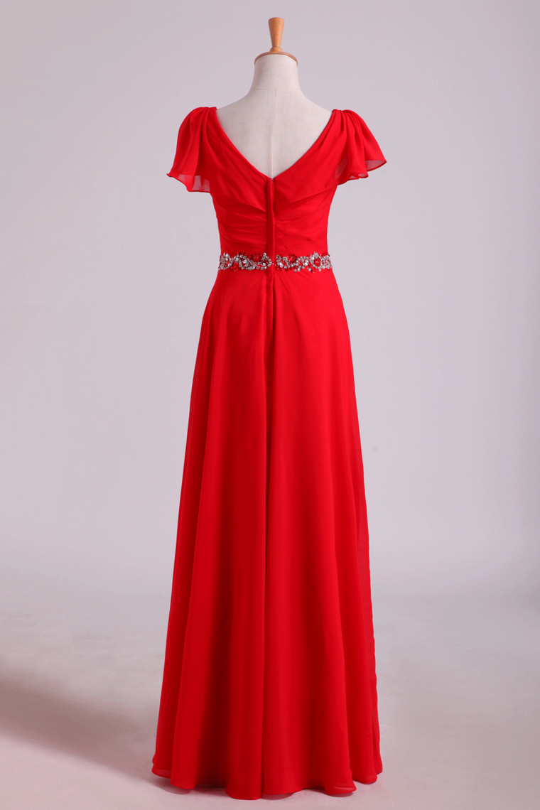 2022 Mother Of The Bride Dresses V-Neck Floor-Length Chiffon With Beading Waist Line