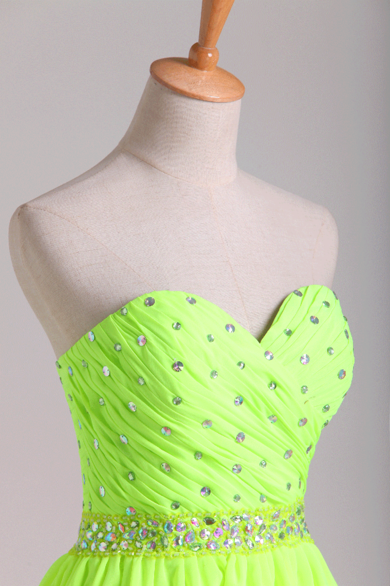 2022 Sweetheart Pleated Bodice Beaded Waistline Homecoming Dress Short Chiffon