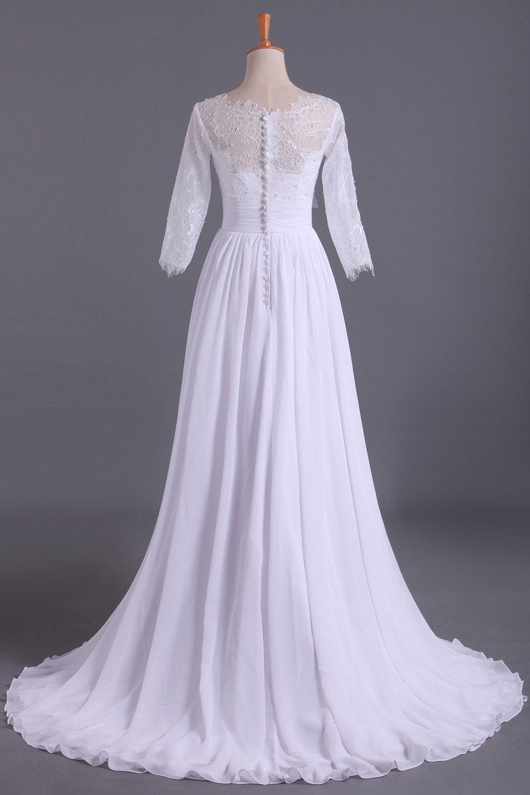 2022 Bateau 3/4 Length Sleeve A Line Wedding Dresses Chiffon With Applique & Handmade Flower