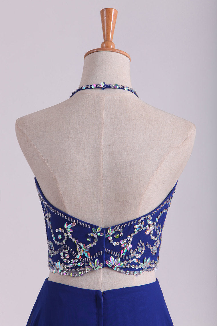 2022 Bateau Two Pieces Prom Dresses Dark Royal Blue A Line Beaded Bodice Open Back Floor Length Chiffon & Tulle