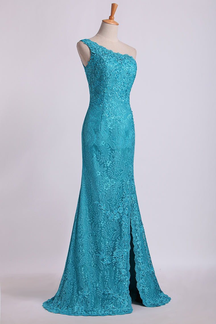 2022 One-Shoulder Sheath Prom Dresses Beaded Lace Floor-Length Zipper Back