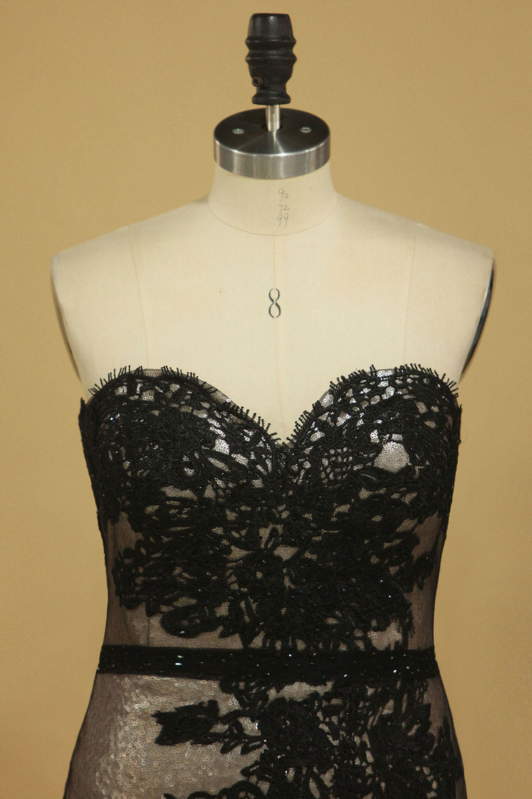 2022 Sequin & Tulle Sweetheart Sheath Prom Dresses With Applique And Slit