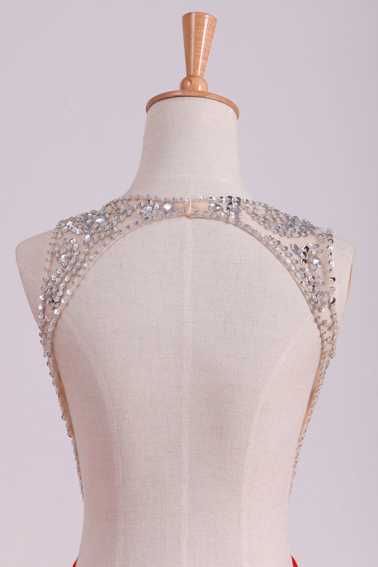 2022 Scoop Beaded Bodice Prom Dresses With Beading Backless Spandex
