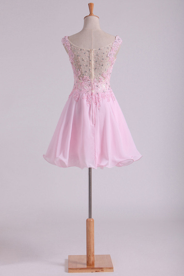 2022 Bateau A Line Short/Mini Prom Dress Chiffon With Applique & Beads