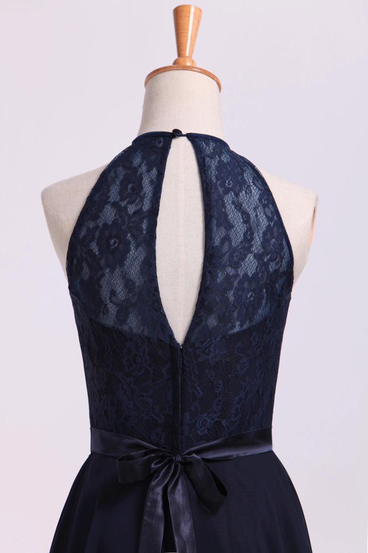 2022 Scoop Neckline Princess Knee Length Chiffon&Lace Dress With Sash