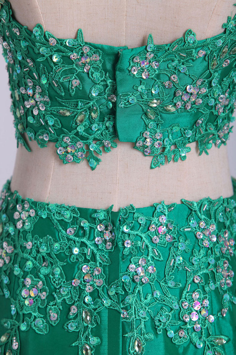 2022 Two Pieces Bateau Prom Dresses Mermaid Sweep Train With Beading & Applique