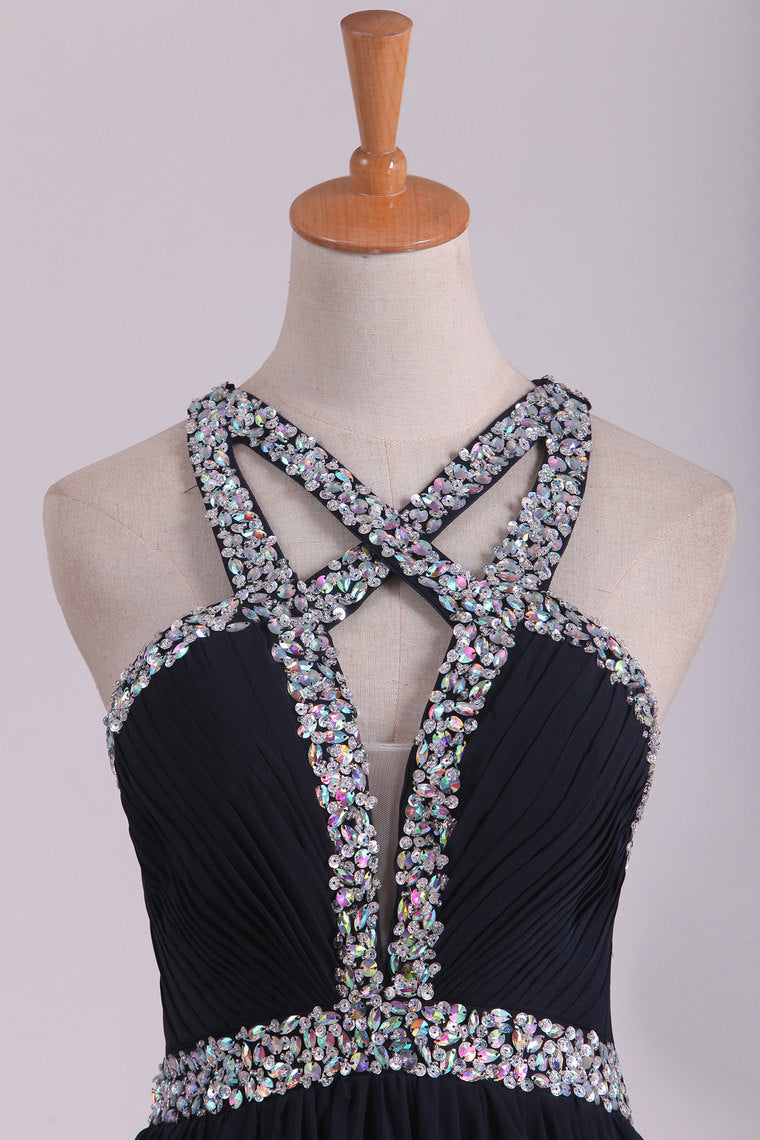 2022 Sexy Open Back A Line Prom Dresses Chiffon With Beads And Slit