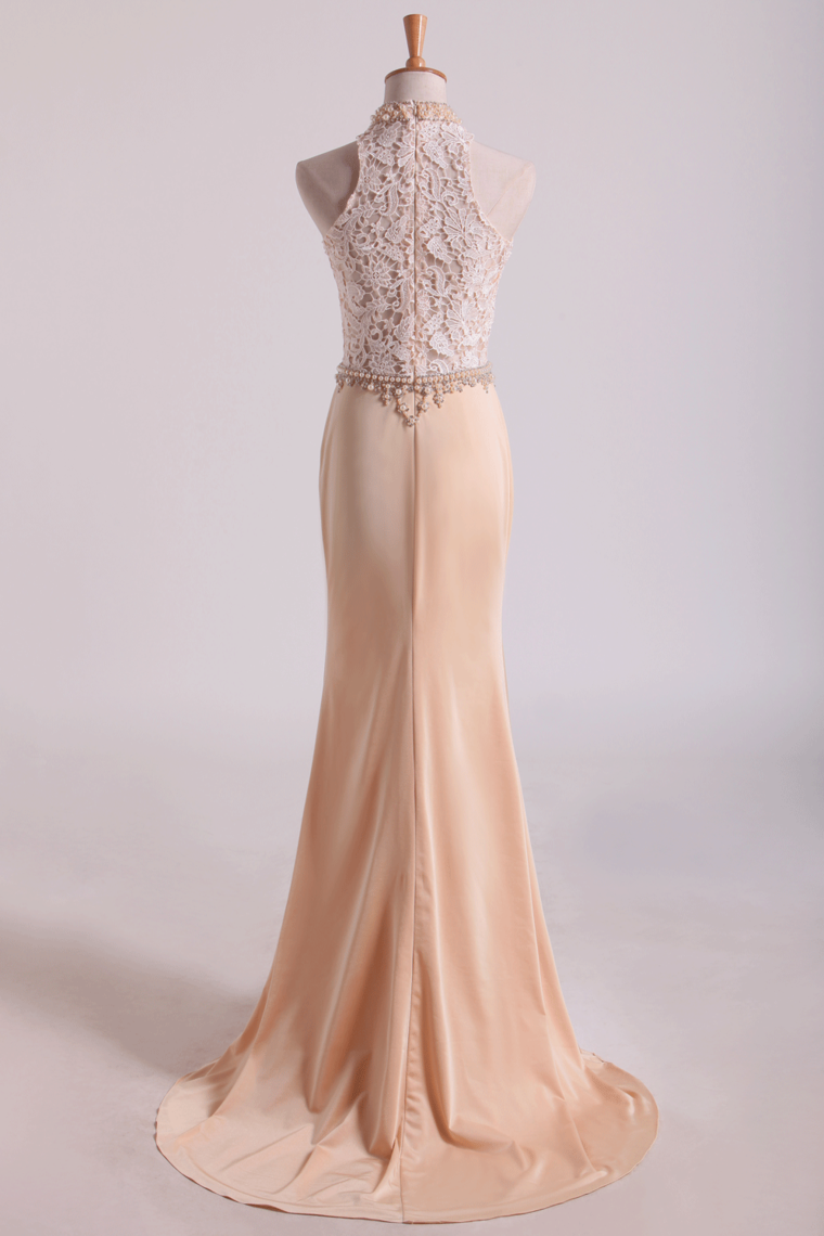 2022 High Neck Prom Dresses Sheath Lace & Spandex Sweep Train
