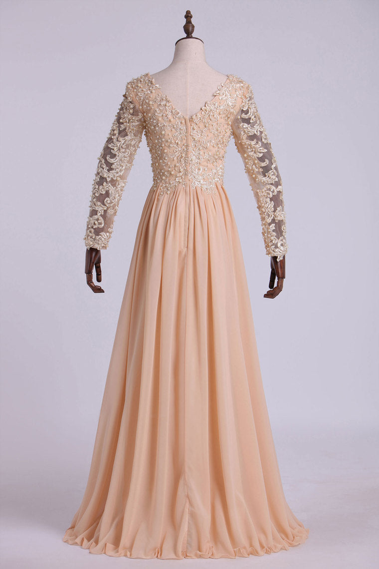 2022 Best Selling Prom Dresses Long Sleeves A Line V Neck Chiffon