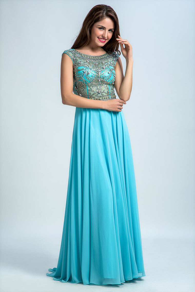 2022 Prom Dress Scoop A Line Floor Length Beaded Tulle Bodice With Chiffon Skirt