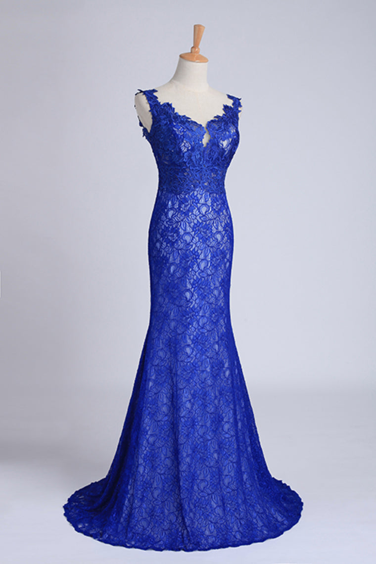 2022 Evening Dresses Bateau Mermaid With Deep V Shape Back Lace&Tulle Dark Royal Blue