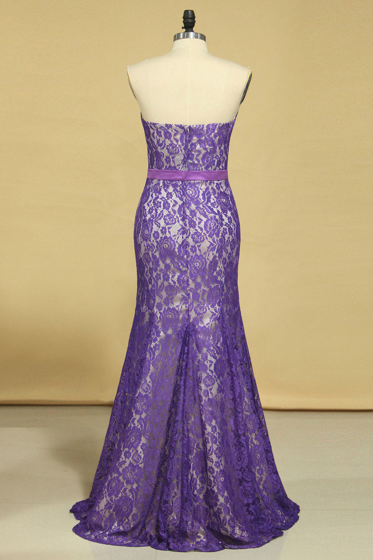 2022 Purple Strapless Prom Dresses Mermaid Floor Length With Trumpet Lace Skirt