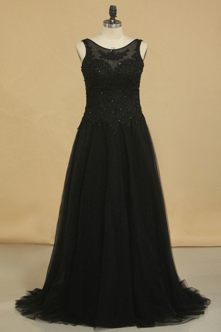 2022 Evening Dresses Bateau Floor Length Tulle With Applique And Beads