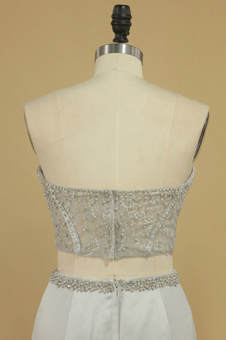 2022 Satin Floor Length Two-Piece Prom Dresses Sweetheart Beaded Bodice Mermaid