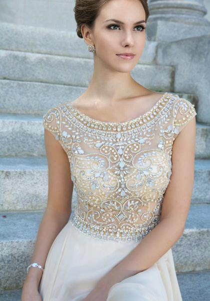 2022 Prom Dress Scoop A Line Floor Length Beaded Tulle Bodice With Chiffon Skirt