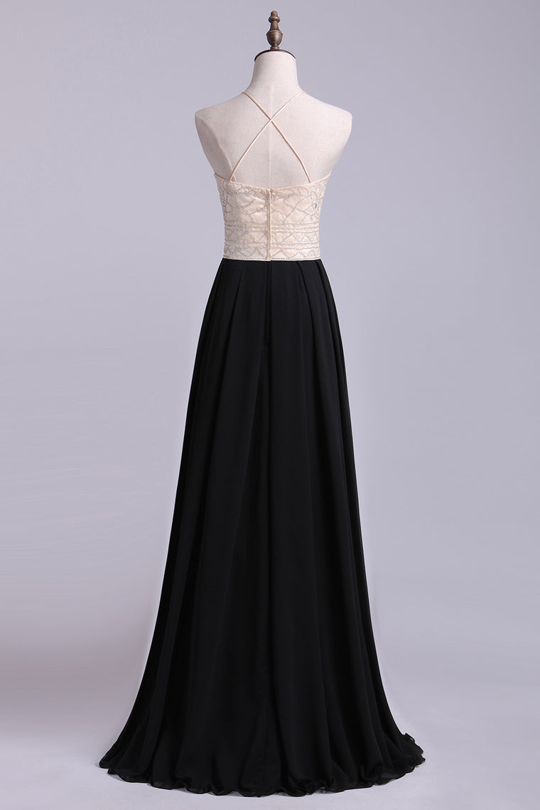 2022 Prom Dresses A Line Floor Length Halter Chiffon