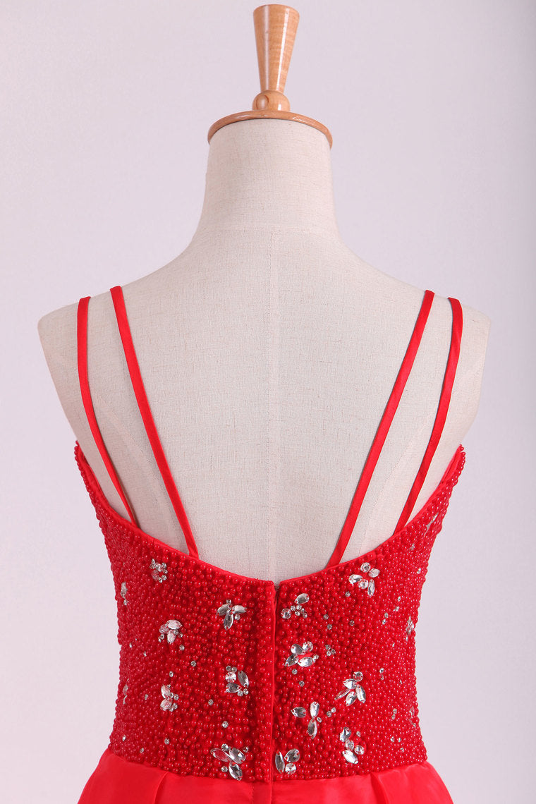 2022 Spaghetti Straps Prom Dresses A Line Beaded Bodice Floor Length Organza