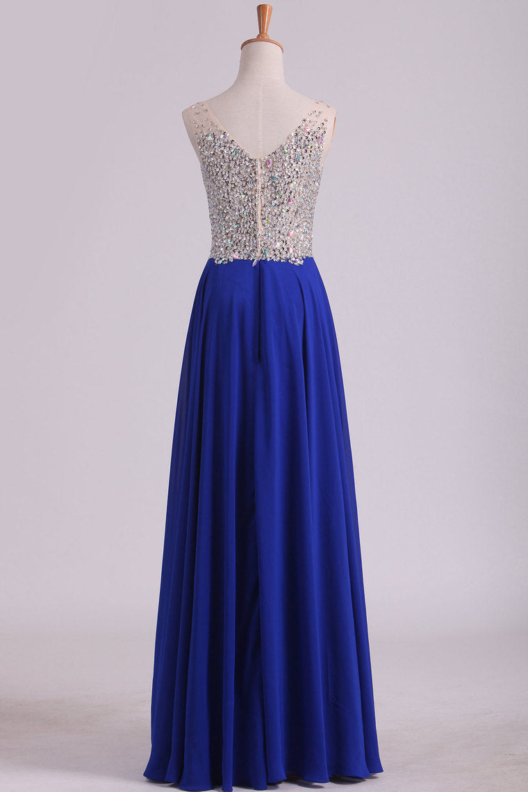 2022 V Neck Beaded Bodice A Line Prom Dresses Chiffon With Slit Sweep Train