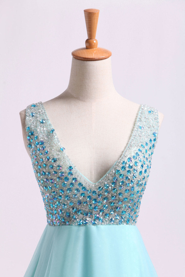 2022 V Neck Homecoming Dresses Beaded Bodice A Line Short/Mini Tulle And Chiffon
