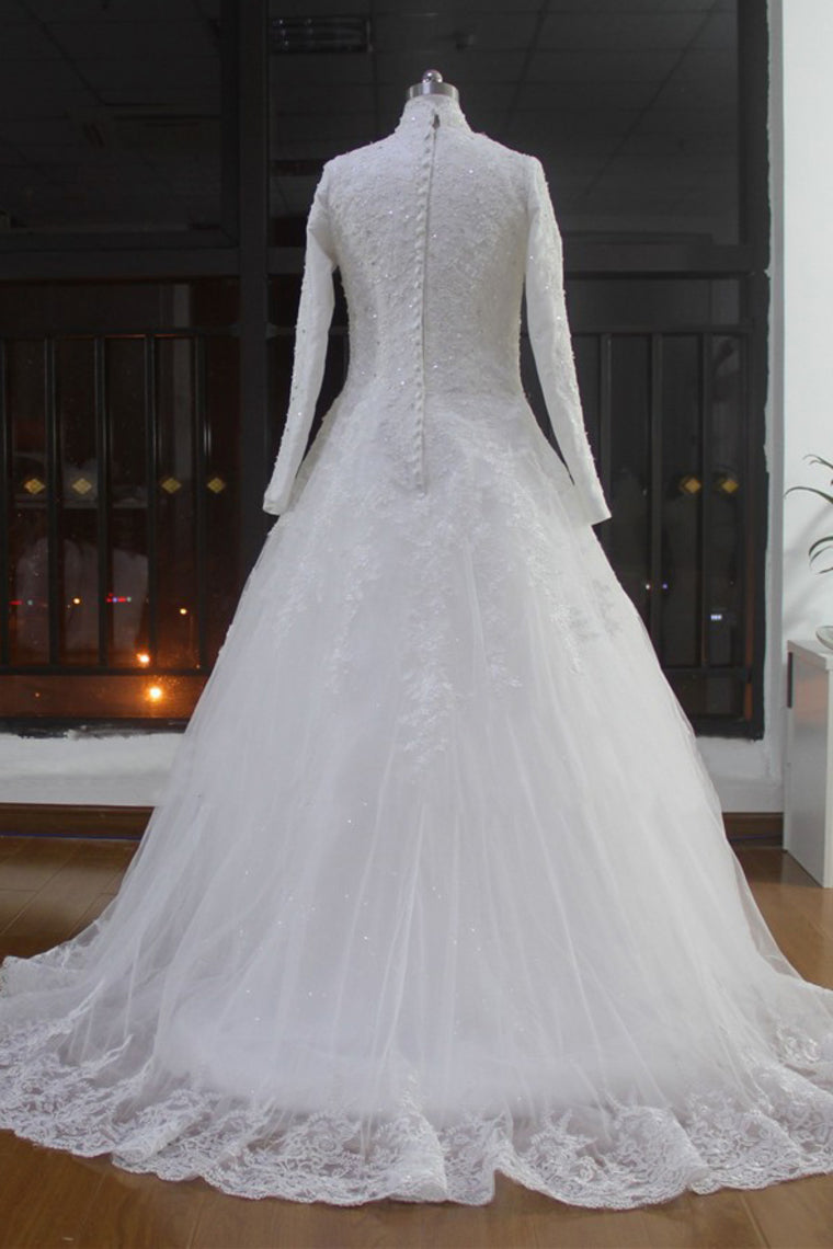 2022 High Neck Wedding Dresses A Line Tulle Muslim With Applique