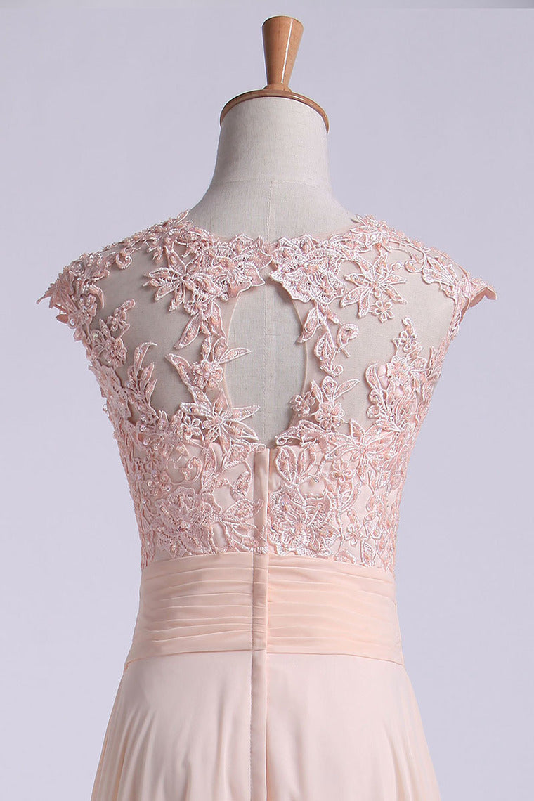 2022 Scoop Prom Dresses A Line Chiffon With Applique And Ruffles Sweep Train