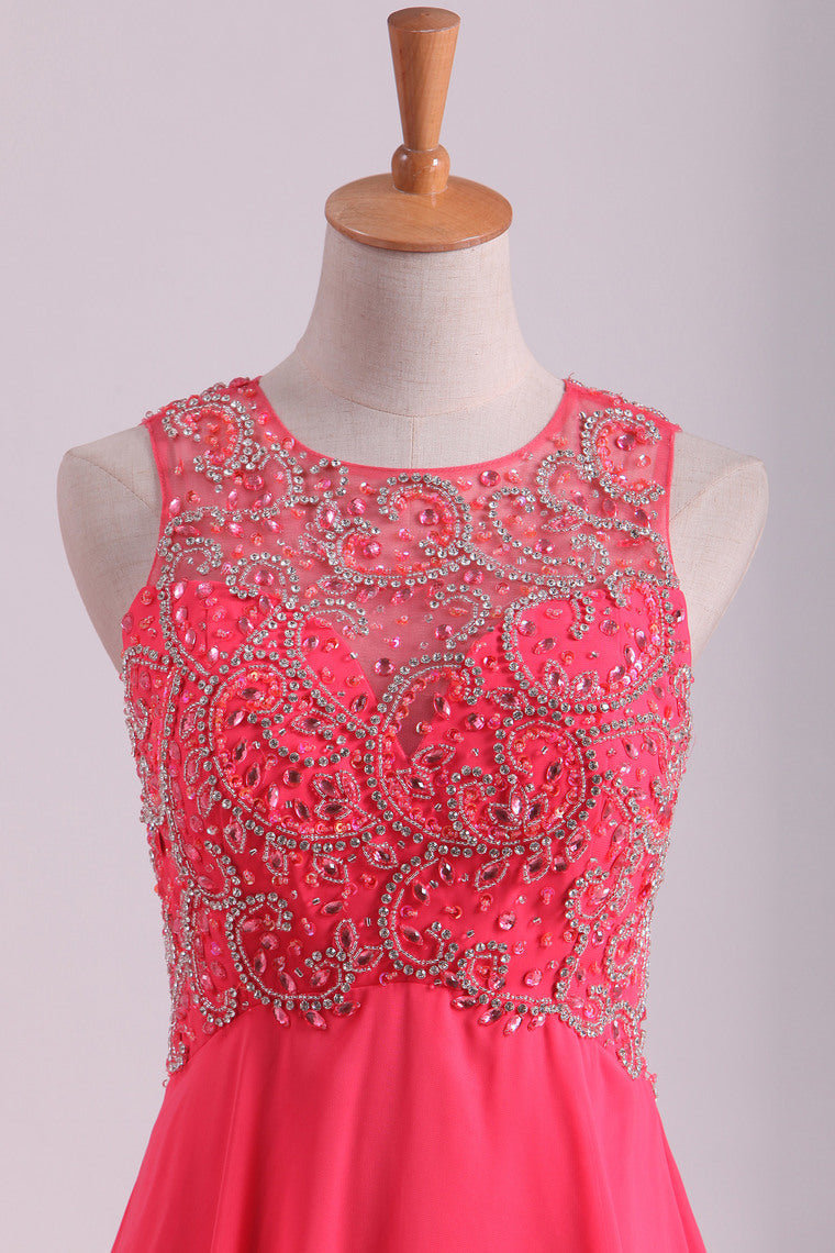 2022 Water Melon Prom Dresses Scoop A Line Beaded Bodice Open Back Chiffon & Tulle Floor-Length