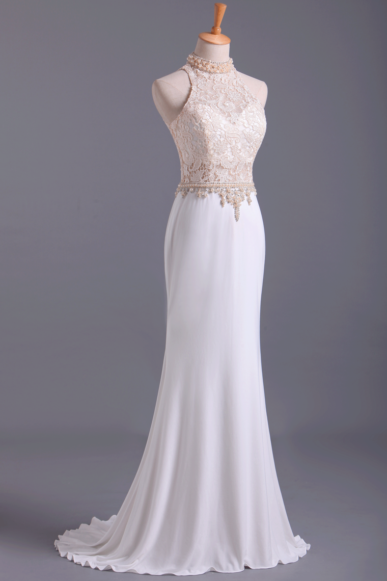 2022 Hot High Neck Prom Dresses Sheath Lace & Spandex Sweep Train