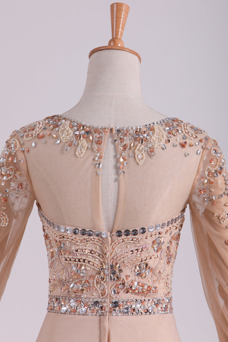 2022 Prom Dresses Scoop 3/4 Length Sleeve A Line Chiffon With Beads