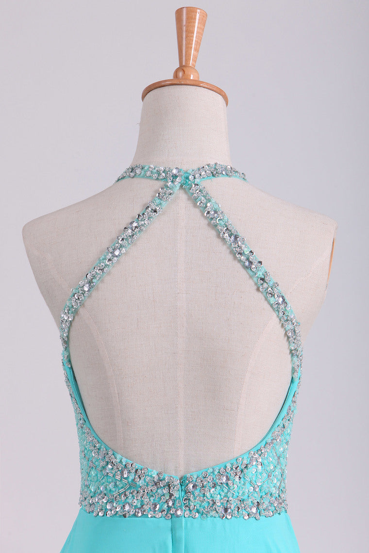 2022 Open Back A Line Prom Dresses Halter Beaded Bodice Sweep Train Chiffon & Tulle