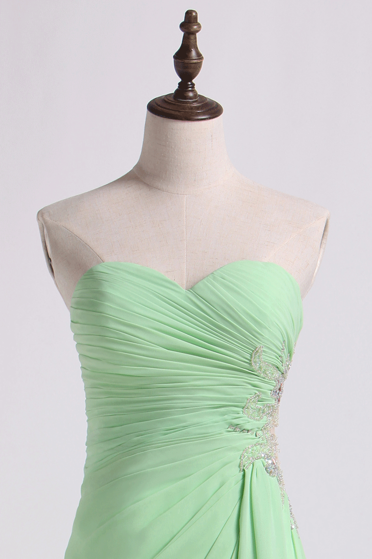 2022 Prom Dress Column Beaded Floor Length With Slit And Ruffles