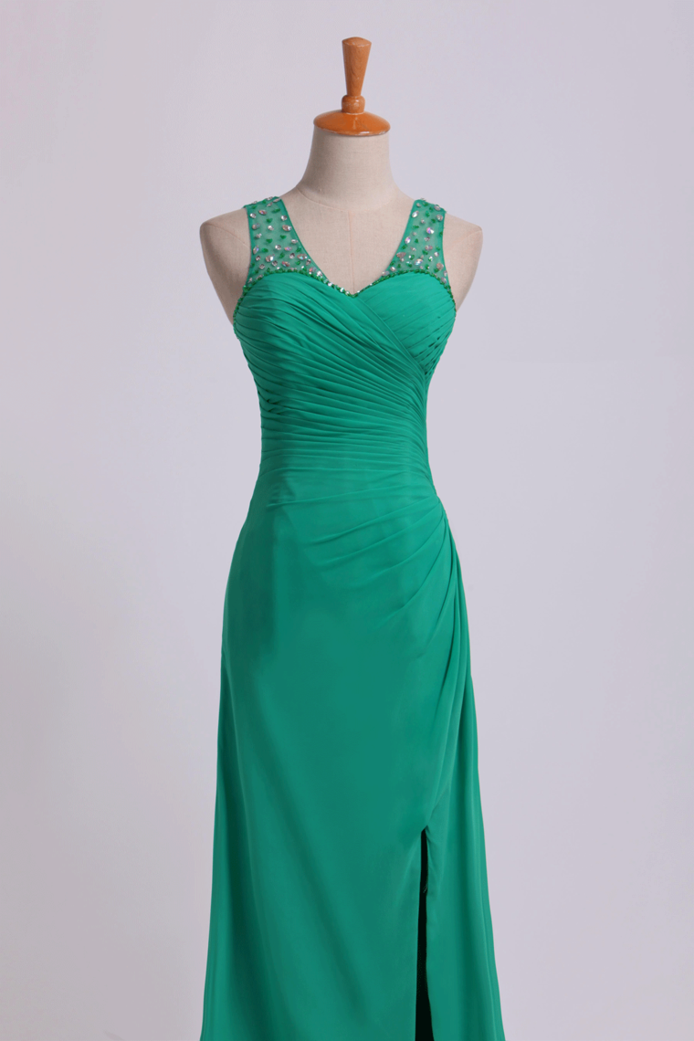 2022 Beaded Sweetheart Prom Dresses Neckline And Straps Ruffled Bodice With Slit