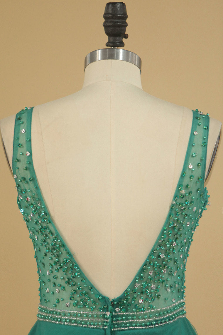 2022 A Line V Neck Prom Dresses Tulle With Beading Floor Length