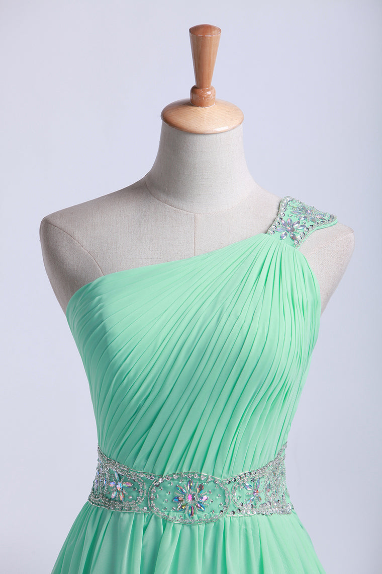 2022 One Shoulder A-Line Prom Dresses Floor Length Chiffon With Beading&Sequins