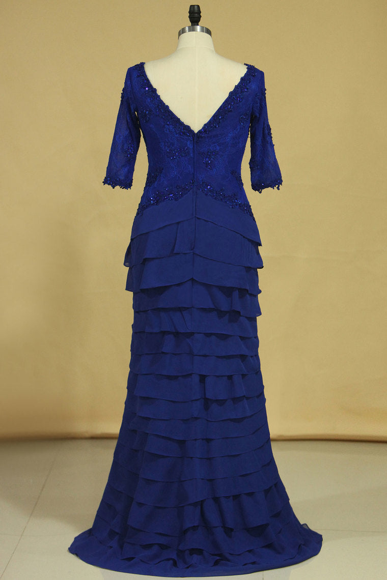 2022 Dark Royal Blue Mother Of The Bride Dresses Chiffon V Neck With 3/4 Length Sleeves