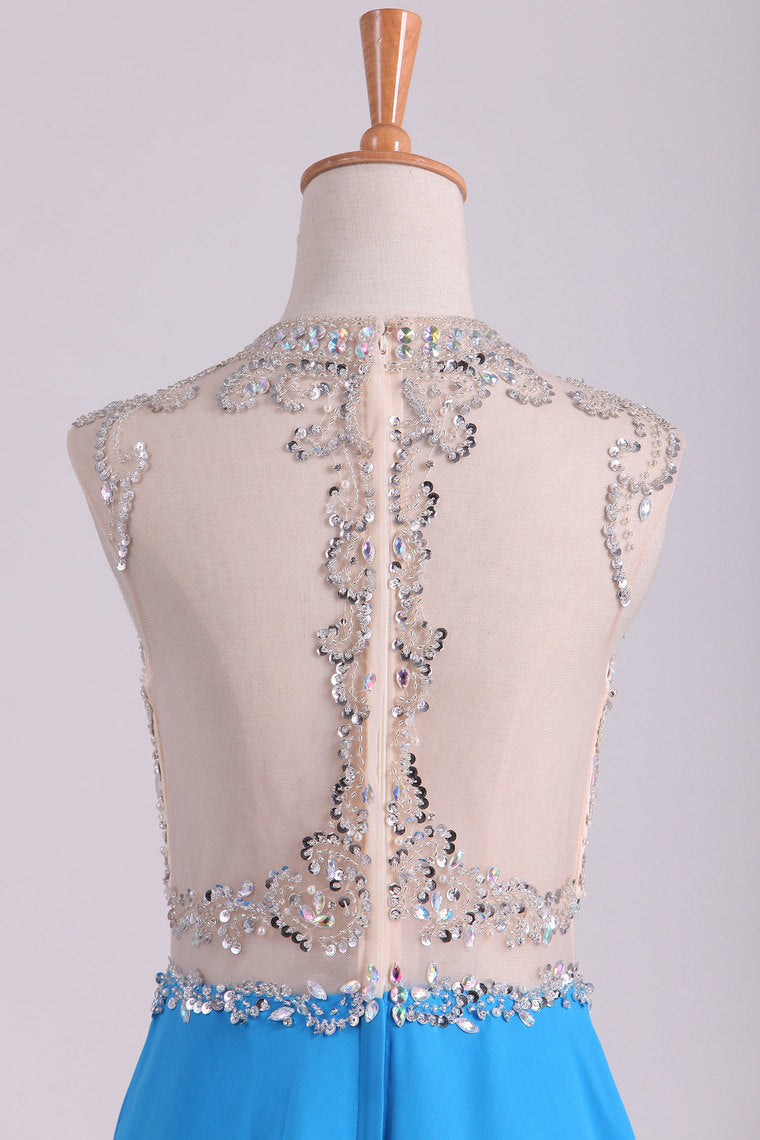 2022 Scoop A Line Prom Dresses Beaded Bodice Chiffon & Tulle With Slit