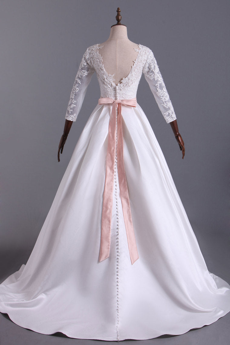 2022 Open Back Scoop With Applique And Sash A Line Satin Wedding Dresses