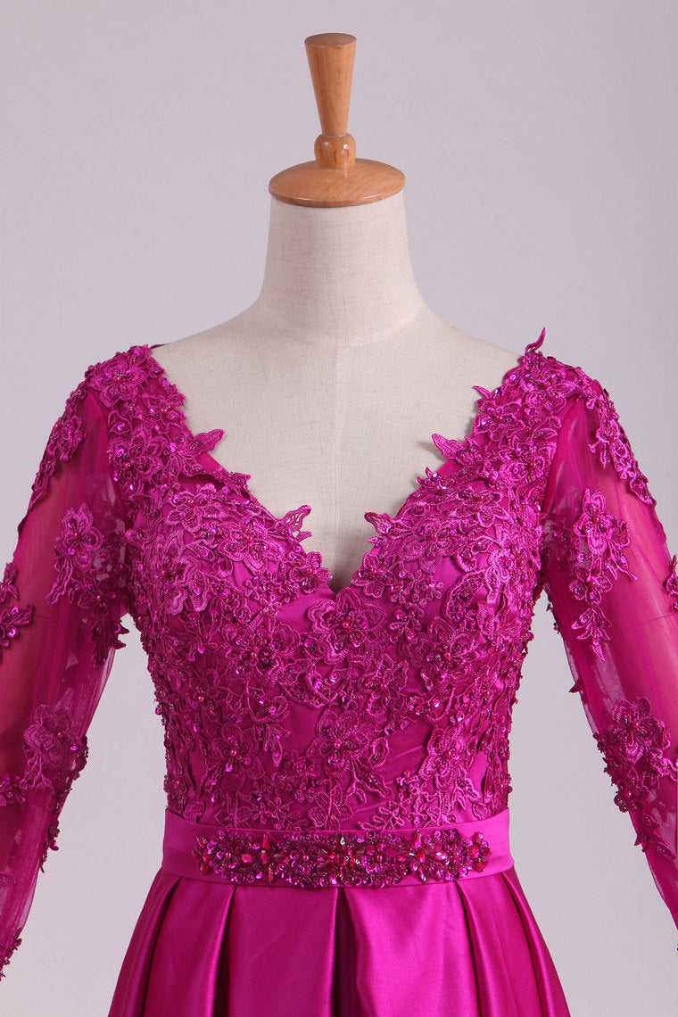 2022  3/4 Length Sleeves V Neck A Line Satin Mother Of The Bride Dresses With Applique And Beads