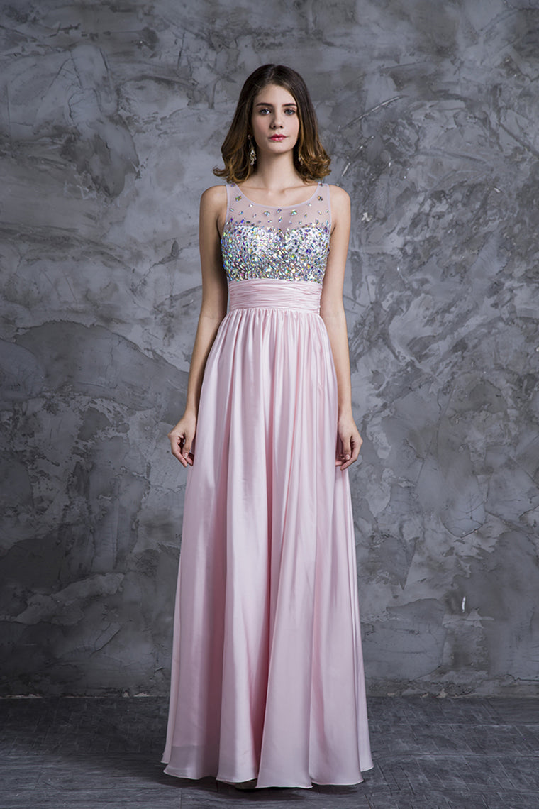 2022 Sexy Prom Dresses Scoop Neckline Princess Floor Length Chiffon Beaded Bodice