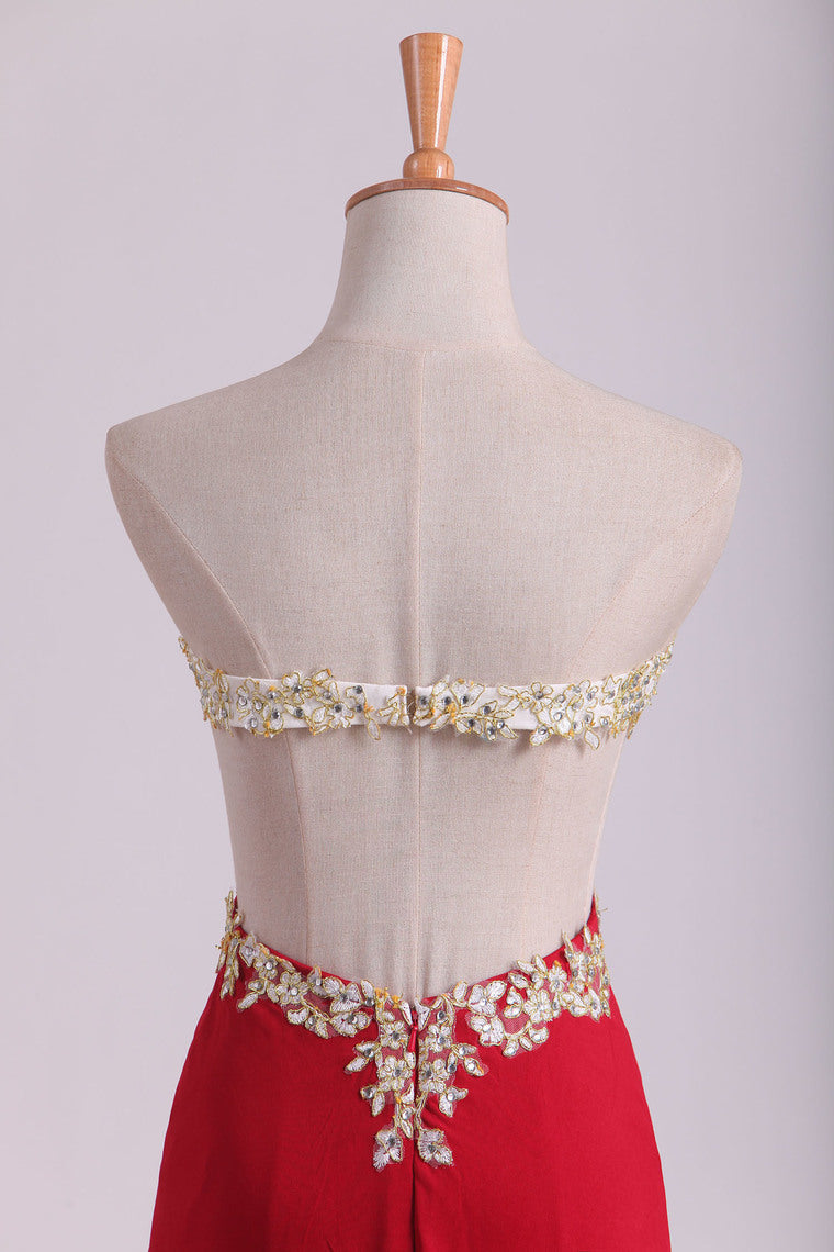 2022 Prom Dresses Sheath Sweetheart Spandex With Slit And Applique Sweep Train