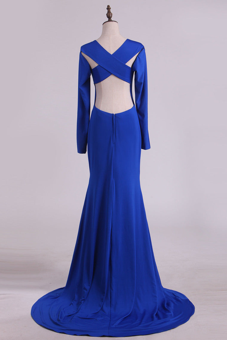 2022 Scoop Prom Dresses Long Sleeves Spandex Open Back Drak Royal Blue