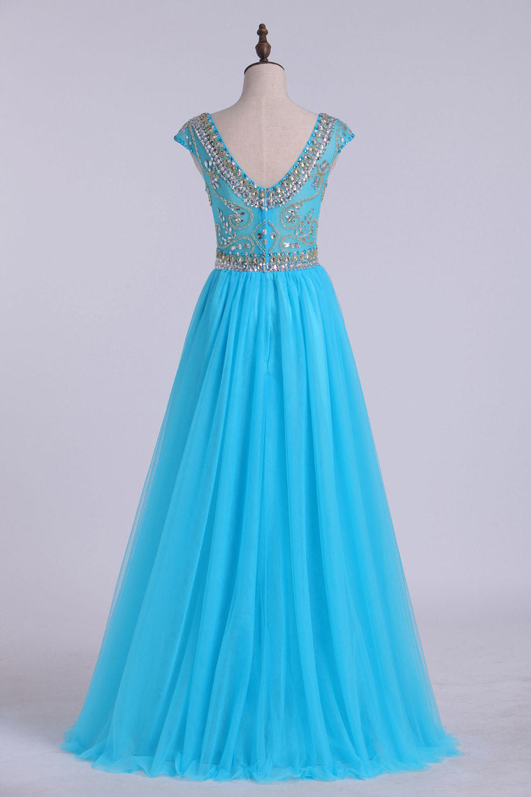 2022 Scoop A-Line Prom Dress Full Beaded Bodice Champagne Tulle Floor Length
