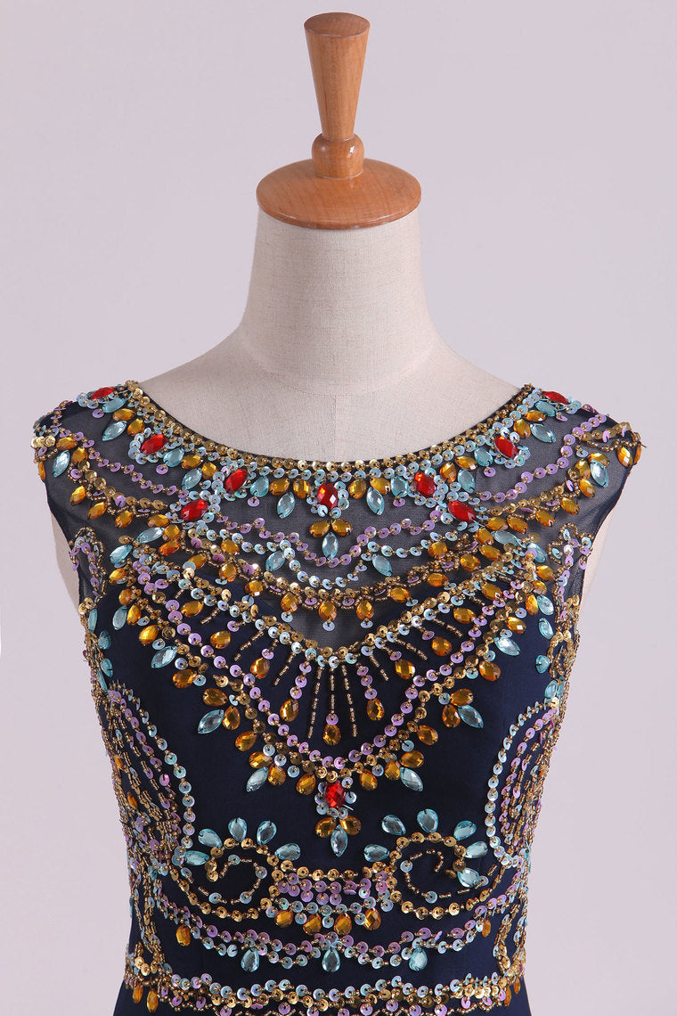 2022 Prom Dresses Sexy Open Back Bateau Beaded Bodice Mermaid Spandex