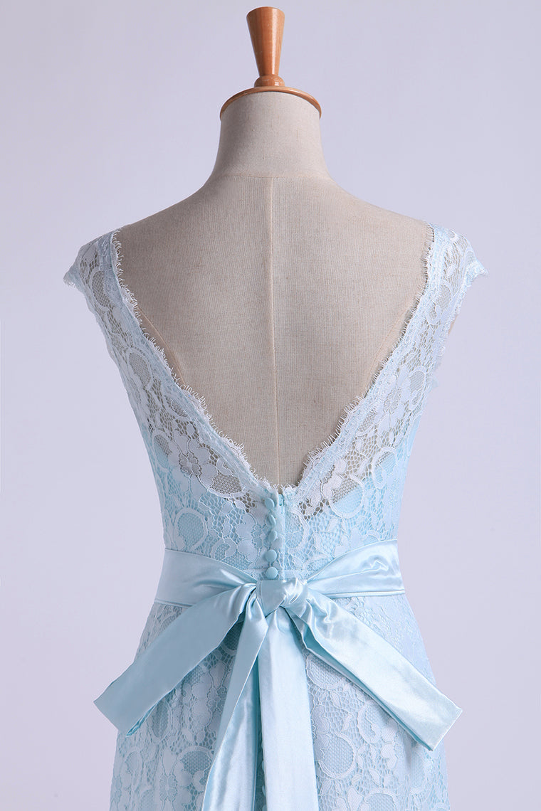 2022 Bateau Prom Dresses Lace Sheath Floor Length With Sash