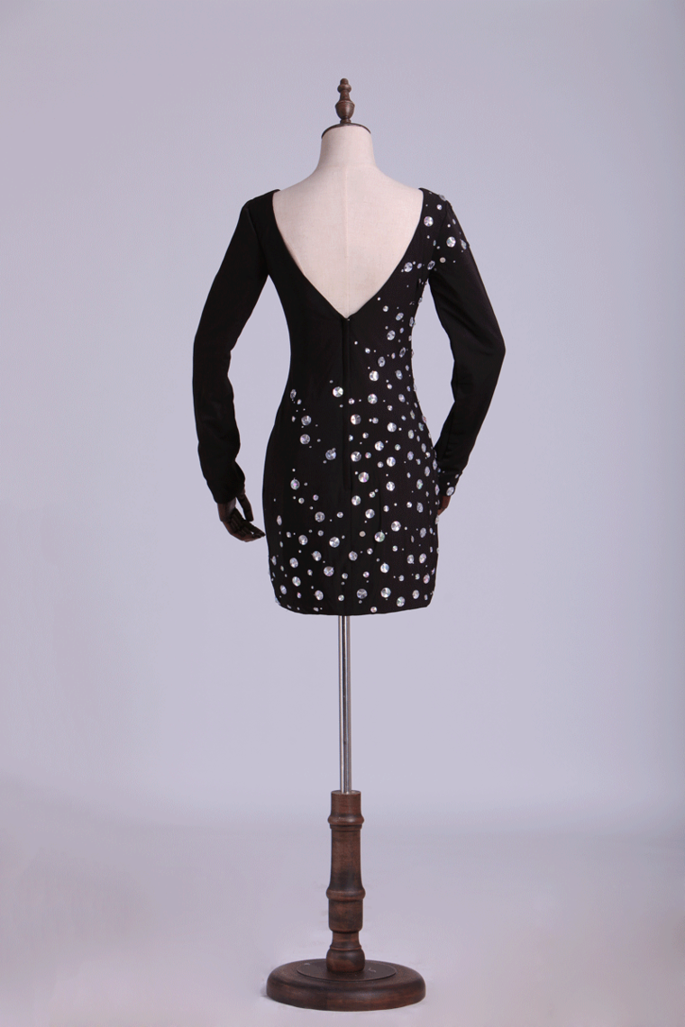 2022 Homecoming Dresses Sheath Short Long Sleeves Backless With Rhinestones
