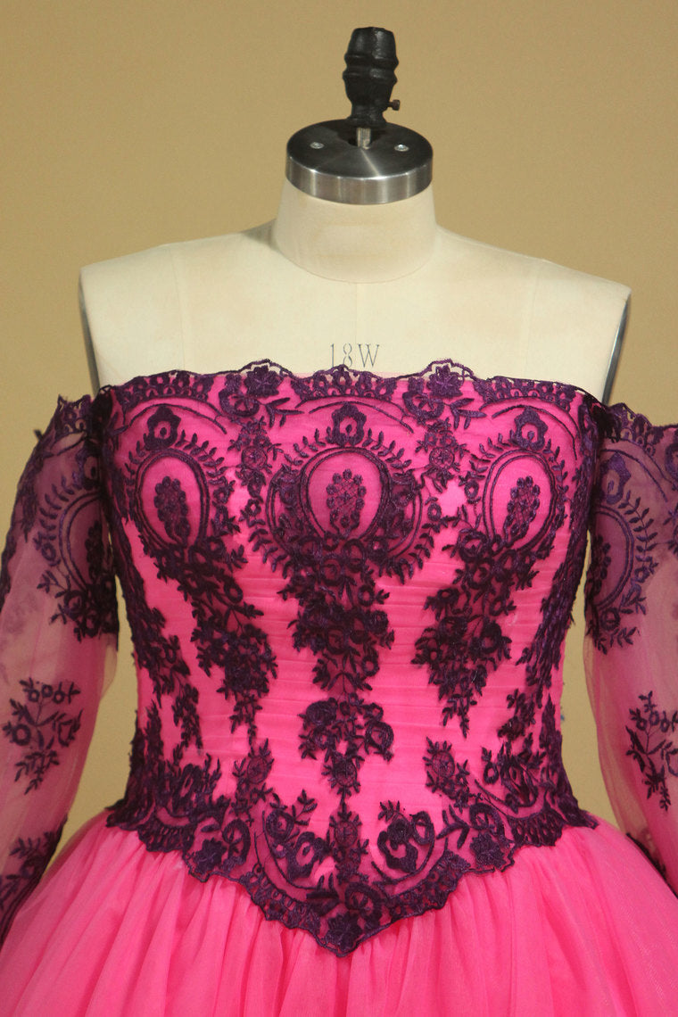 2022 Long Sleeves Boat Neck Prom Dresses A Line With Applique Tulle