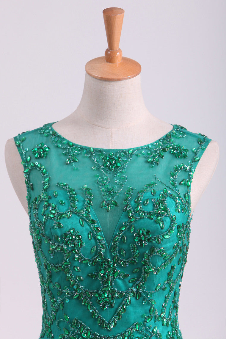 2022 Scoop Beaded Bodice Prom Dresses Mermaid Tulle Floor Length